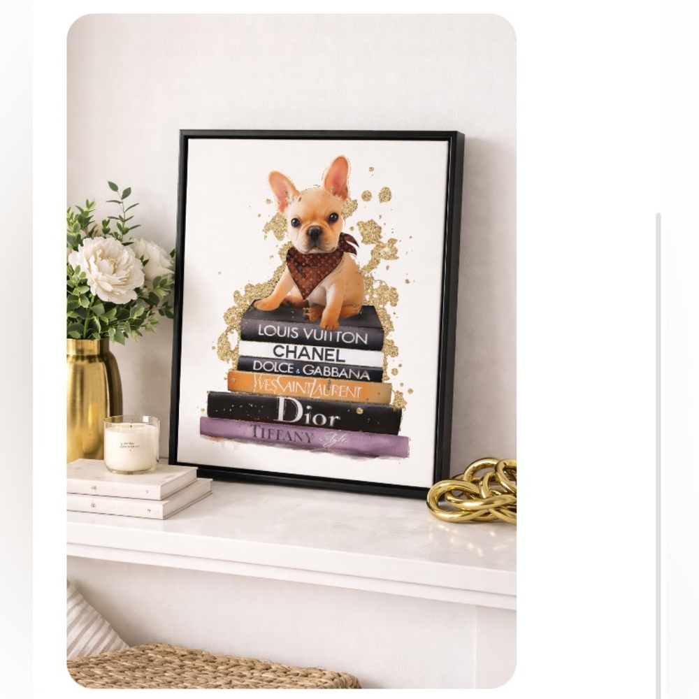 Chic French bulldog on Iconic Designer Books Art Print canvas NWT 14”11